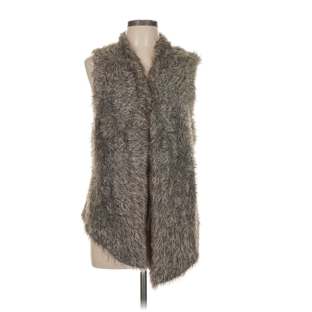 Cabi Faux Fur Vest Womens Medium Taupe Grey Mohair Alpaca Ribbed Knit Open Front